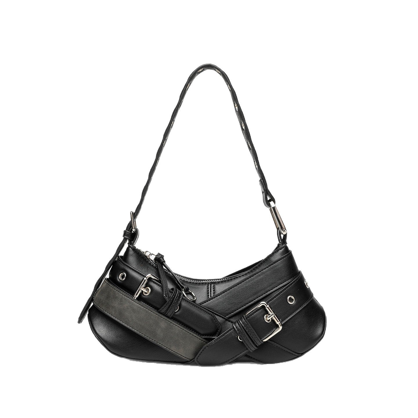 Horizontal Vintage Baguette Bag - Brown & Black Retro Shoulder Purse, Square Motorcycle Style Bag with Zip Closure