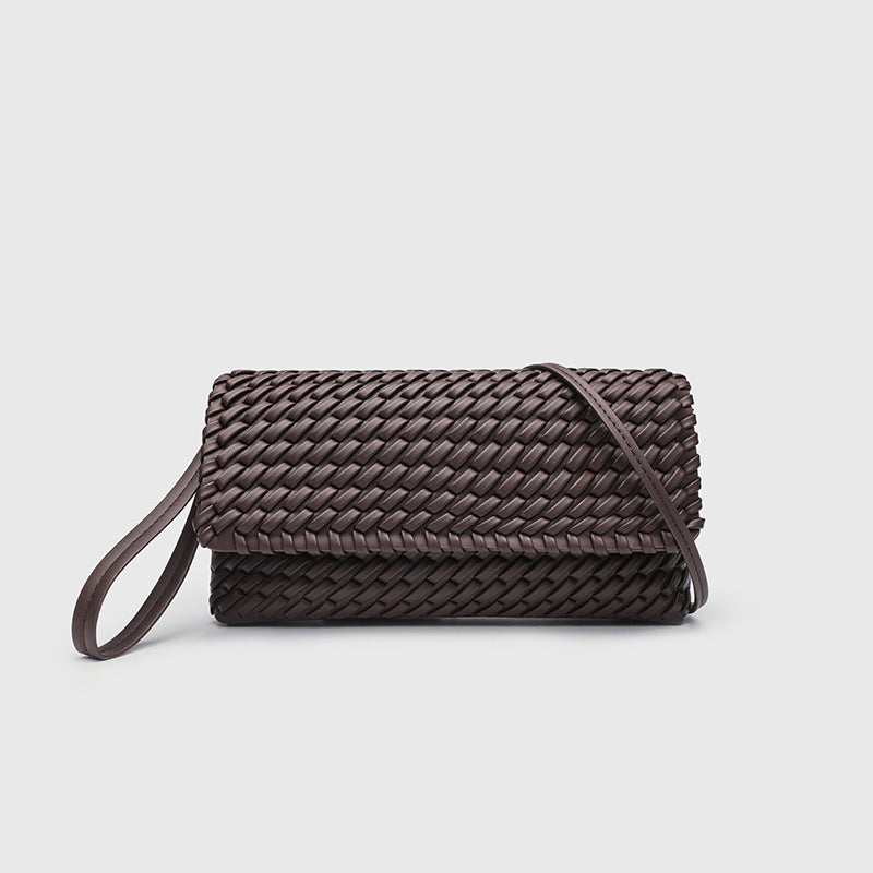 Retro Woven Shoulder Bag - Magnetic Closure Flap PU Purse, Square Horizontal Ladies Handbag with Strap