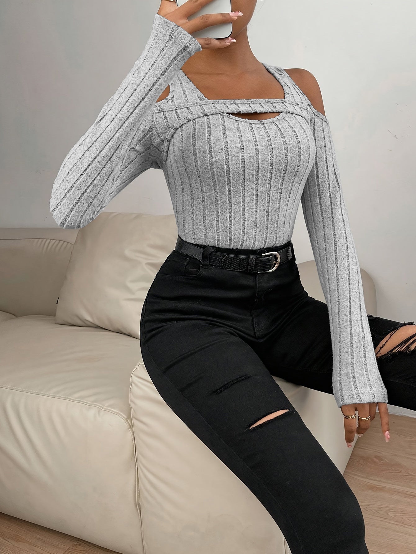 Wide Rib Off Shoulder Top for Women, Long Sleeve Slim Fit T Shirt Double Layer Neck Blouse
