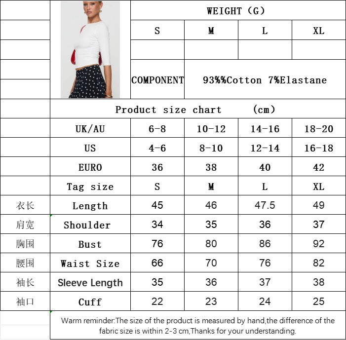 Cropped Knit Top for Women, 3/4 Sleeve Round Neck T Shirt Sweet Solid Color Midriff Blouse