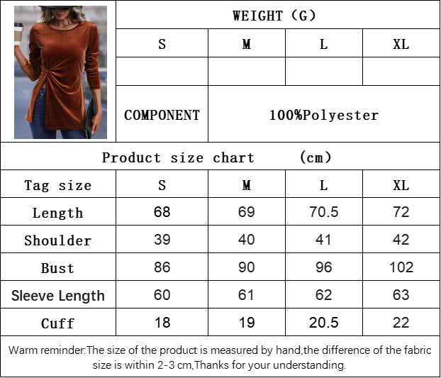 Velvet Slit Hem T-Shirt for Women, Fall Winter Long Sleeve Sexy Asymmetric Blouse
