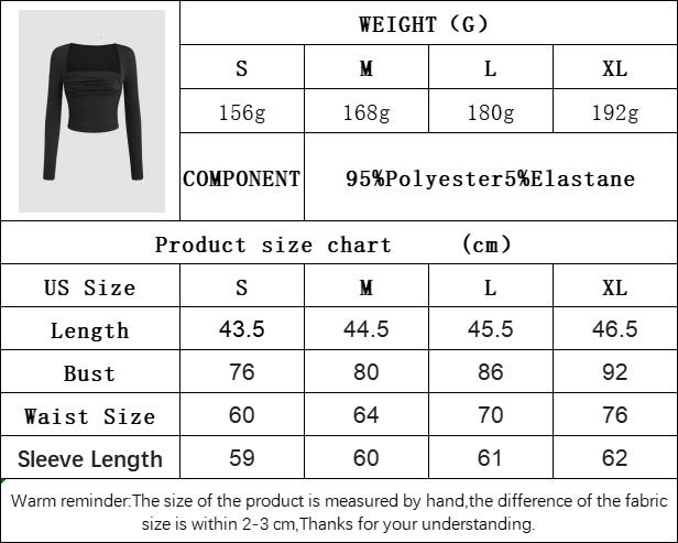 Square Neck Pleated Detail Knit Top for Women, Slim Fit Long Sleeve Cropped T-Shirt Chic Blouse