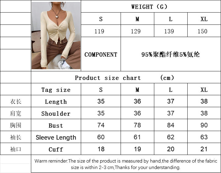 Knot Front Cropped T-Shirt for Women, Fall Winter Sexy V-Neck Slim Fit Long Sleeve Knit Top