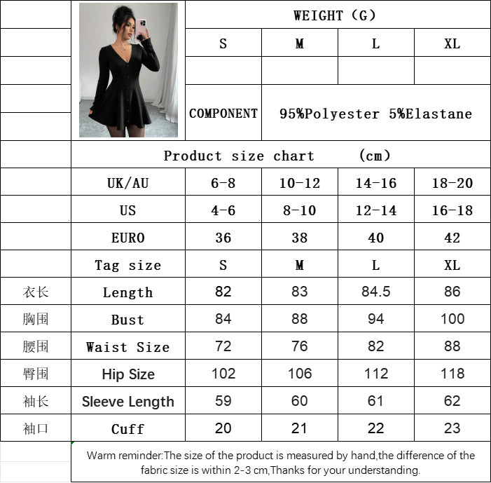 Deep V-Neck Bouffant Hem Dress for Women, Chanel style Knit Long Sleeve Solid Color Mini Dress with Waist Tucking