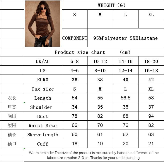 Brushed Square Neck Top for Women, Retro Long Sleeve Slim Fit T-Shirt with Pleat Detail