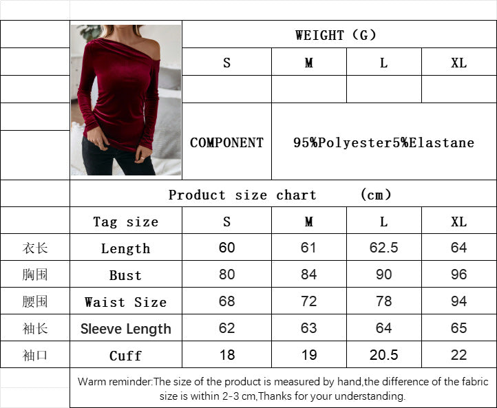 Off Shoulder Velvet Blouse for Women, Slash Neck Slim Fit Solid Color Long Sleeve Party Top