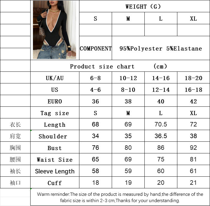 Black Deep V-Neck Bodysuit with White Trim, Elastic Sexy Long Sleeve Slim Fit Layering Top