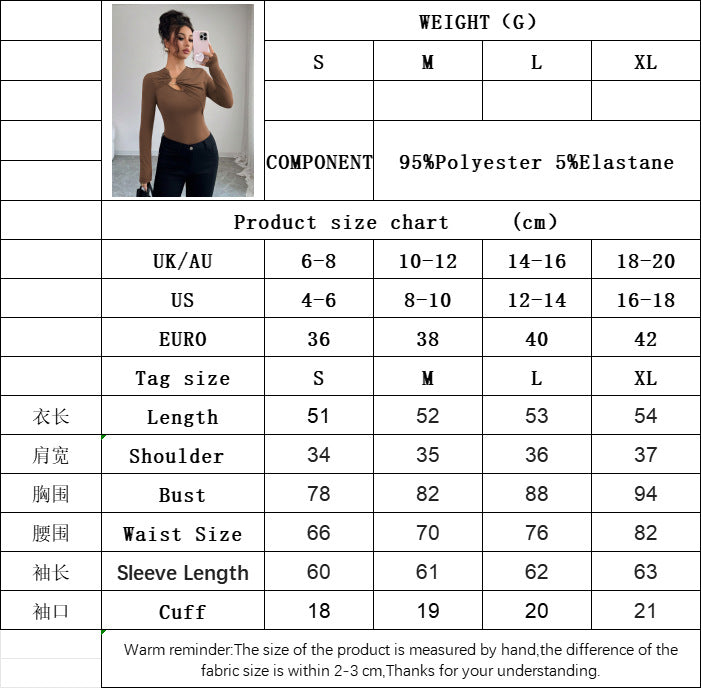 Solid Color Cut-Out Neckline Top for Women, Long Sleeve Structured Shoulder Slim Fit Layering Blouse