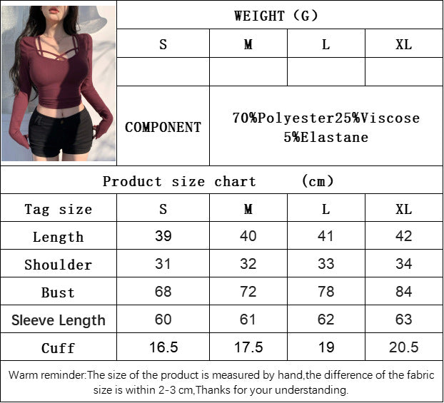 Burgundy Deep U-Neck Top for Women, Sweet & Spicy Style Slim Fit T Shirt Long Sleeve Versatile Blouse