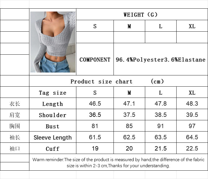 Wide-Ribbed U-Neck Crop Top for Women, Brushed Long Sleeve Midriff T-Shirt