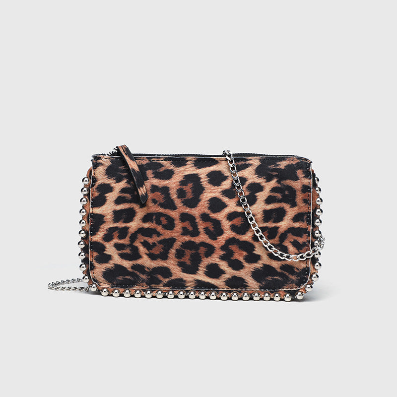 Corduroy Mini Crossbody Bag - Square Horizontal Zip Purse with Stud Decor, Small Niche Design Leopard Print Wallet