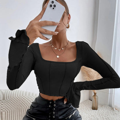 Square Neck Ribbed Knit Top for Women, Spring Summer Slim Fit Long Sleeve Cropped Pullover