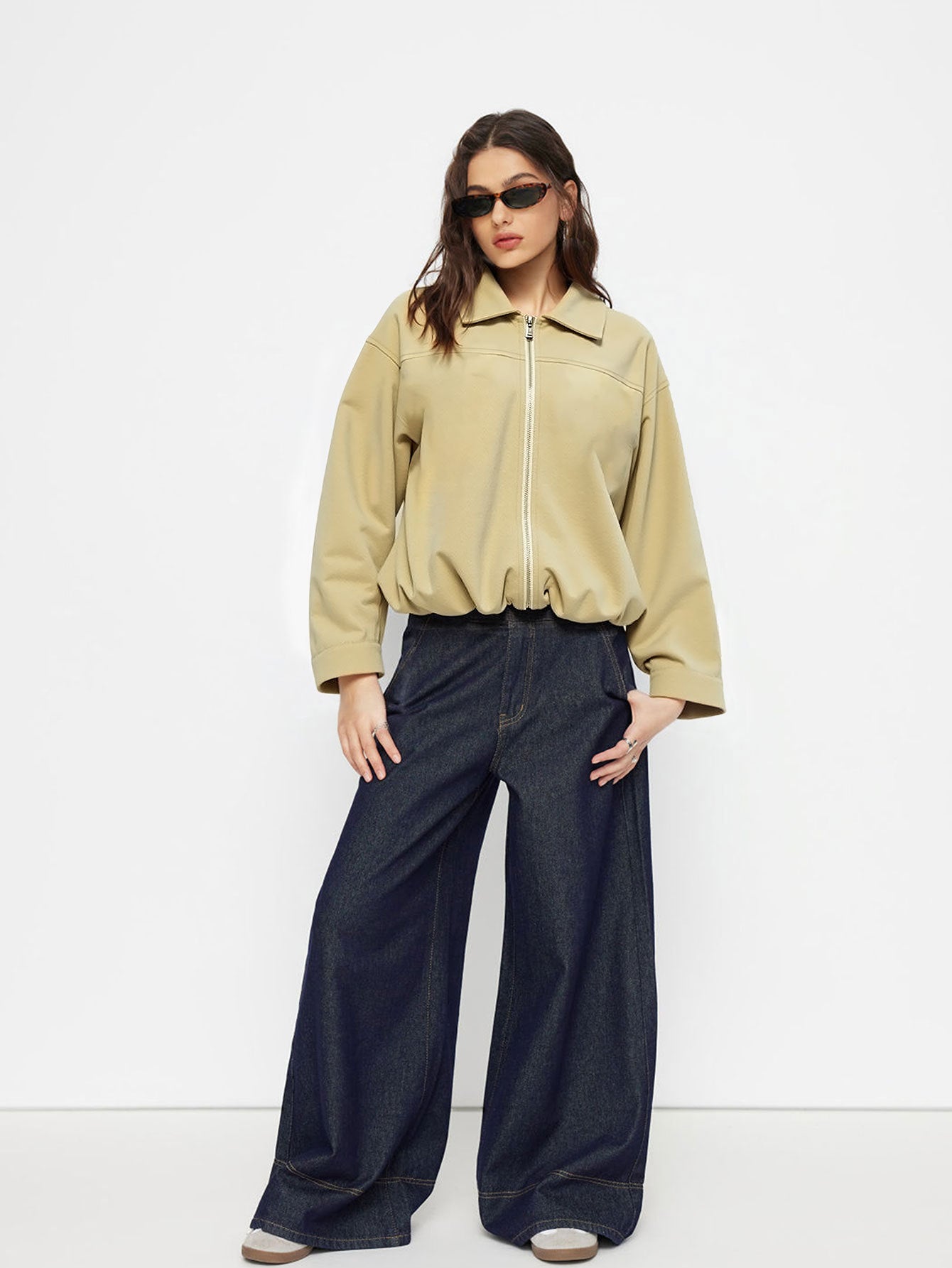 Khaki Cropped Utility Jacket for Women, Convertible Stand Collar Zip Up Long Sleeve Spring Fall Coat