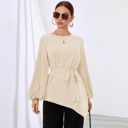 Mid-Length Women's Shirt, Round Neck Puff Sleeve Asymmetrical Hem Blouse with Waist Tucking Design