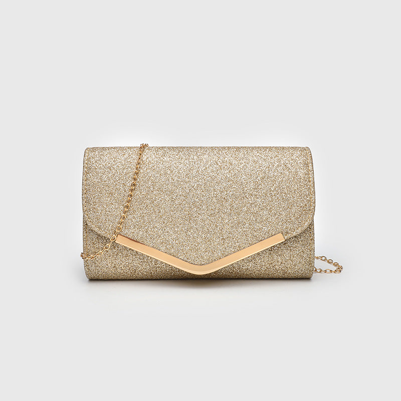 Vintage Clutch Bag with Metal V Charm - Magnetic Closure Evening Purse, Minimalist Chain Strap Party Bag in Structured PU