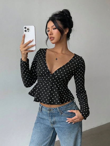 V-Neck Polka Dot Top for Women, Retro Waist Tucking Long Sleeve T-Shirt Slim Fit Sexy Chic Blouse