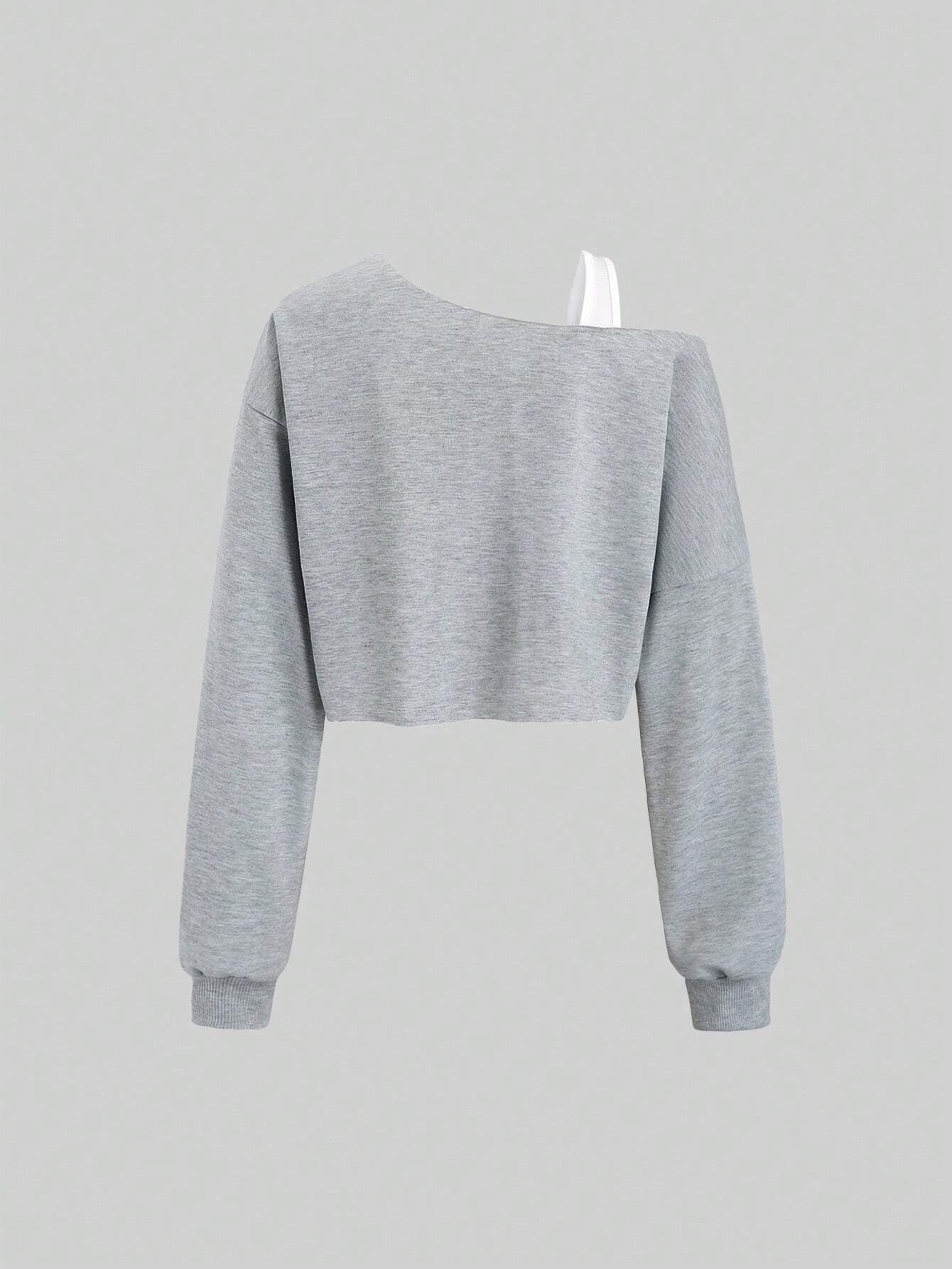 Asymmetric Off Shoulder Top for Women, Sporty Long Sleeve Cropped T-Shirt Slash Neck Blouse