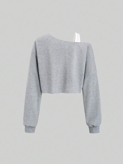 Asymmetric Off Shoulder Top for Women, Sporty Long Sleeve Cropped T-Shirt Slash Neck Blouse