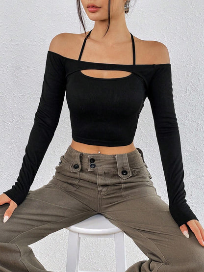 Off Shoulder Cut Out Top for Women, Sexy Slim Fit Cropped Long Sleeve T-Shirt