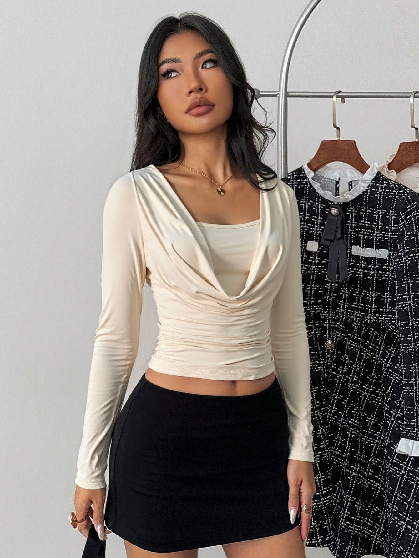 Cowleneck Knit Top for Women, Cropped Slim Fit Long Sleeve Blouse