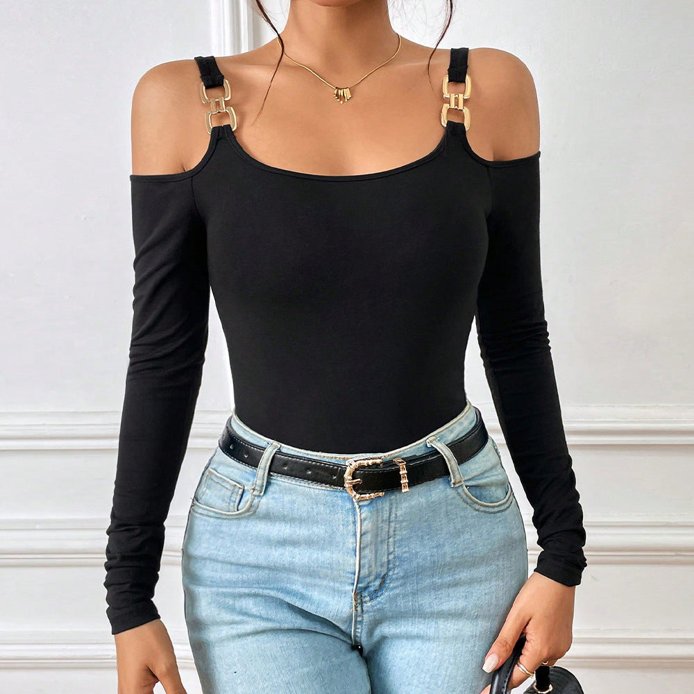 Hook Strap Knit Top for Women, Long Sleeve Slim Fit Solid Color Chic T Shirt