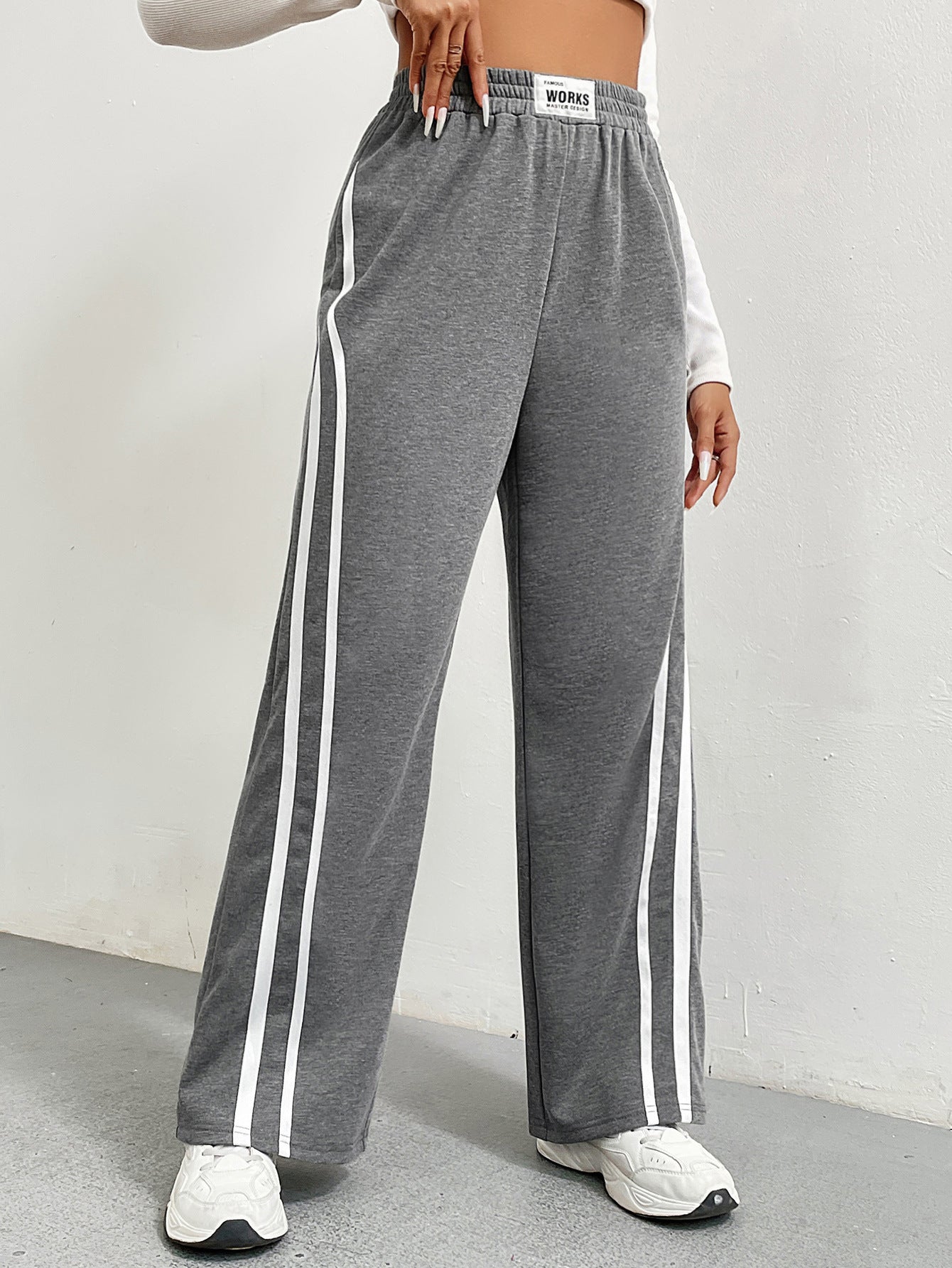 Fall Winter High Waist Sweatpants for Women, Loose Fit Straight Leg Elastic Joggers with Contrast Panel Wide Leg Pants
