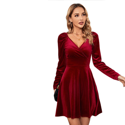 V-Neck Velvet Mini Dress for Women, Sexy A-Line Gown with Waist Tucking Long Sleeve Evening Dress