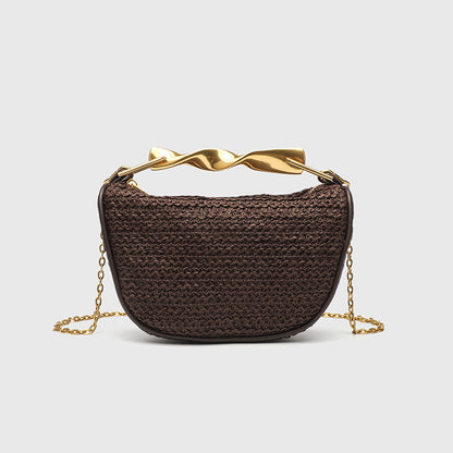 Dumpling Shape Woven Bag - Mini Straw Purse with Zipper Closure, Detachable Shoulder Strap and Metal Handle for Women