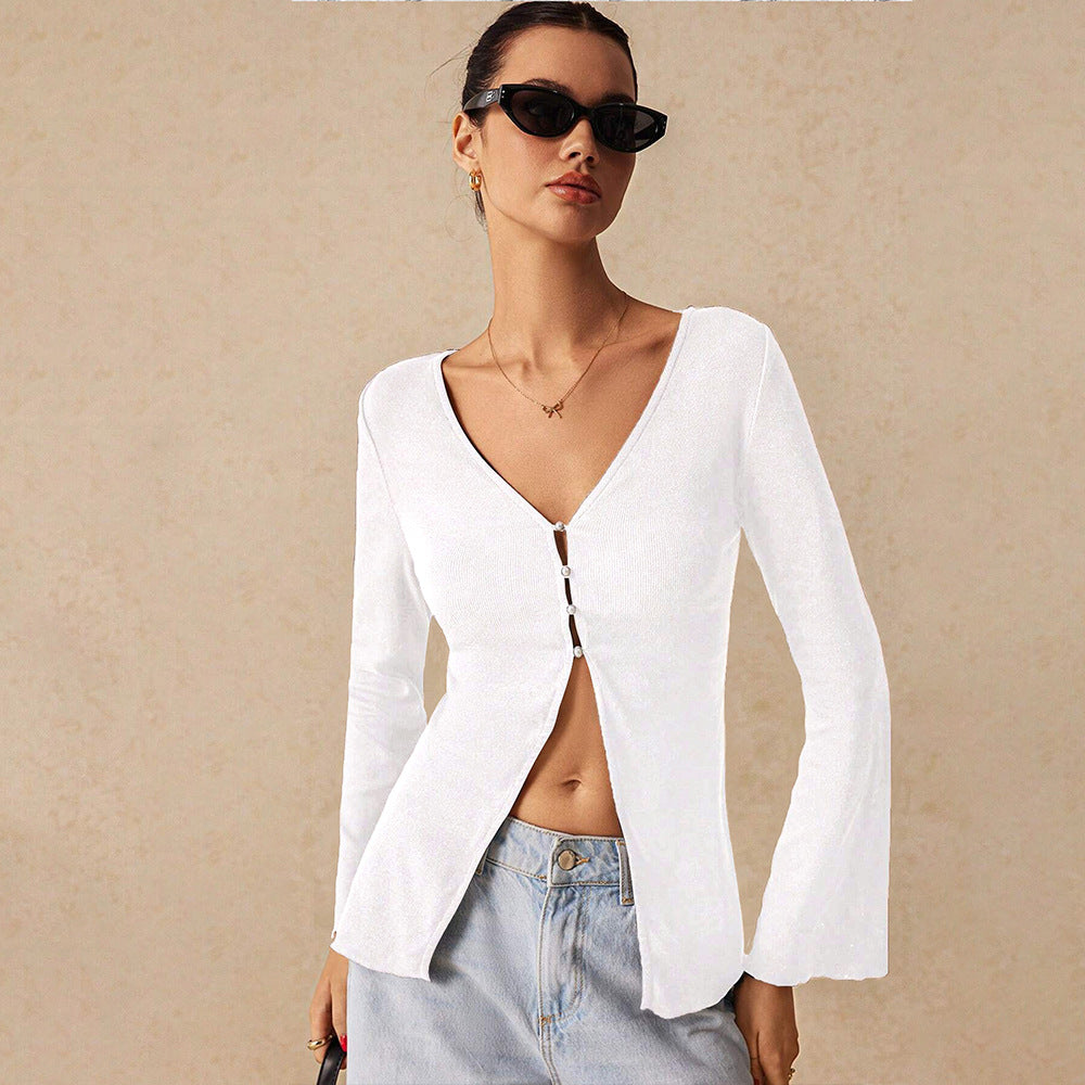 V-Neck Sexy Crop Top for Women, Slim Fit Midriff Cardigan Open Front Blouse