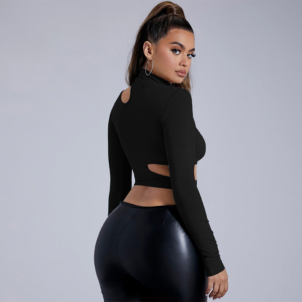 Black Mock Neck Bodycon Top for Women, Sexy Long Sleeve Cropped T-Shirt with Cut Out Detail