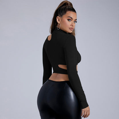 Black Mock Neck Bodycon Top for Women, Sexy Long Sleeve Cropped T-Shirt with Cut Out Detail