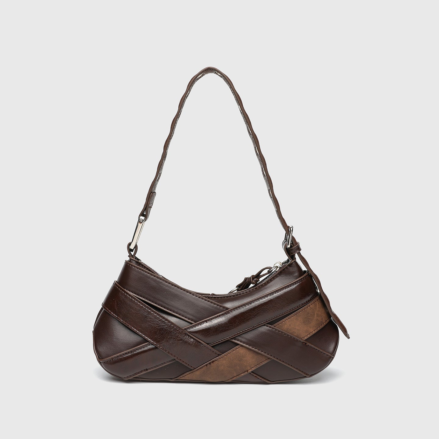 Horizontal Vintage Baguette Bag - Brown & Black Retro Shoulder Purse, Square Motorcycle Style Bag with Zip Closure