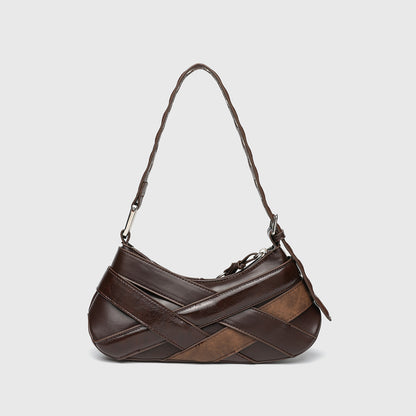 Horizontal Vintage Baguette Bag - Brown & Black Retro Shoulder Purse, Square Motorcycle Style Bag with Zip Closure