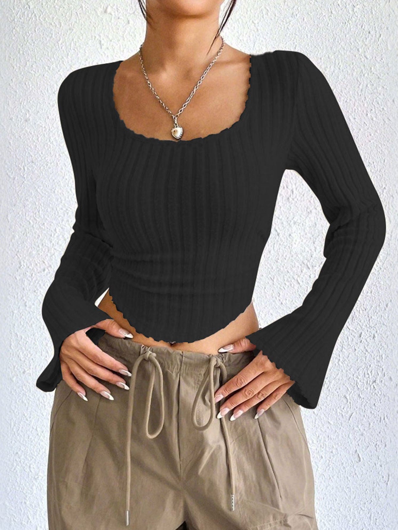 Wide Rib Square Neck Blouse for Women, Bell Sleeve Cropped Top with Asymmetric Hem Elegant Casual T-Shirt