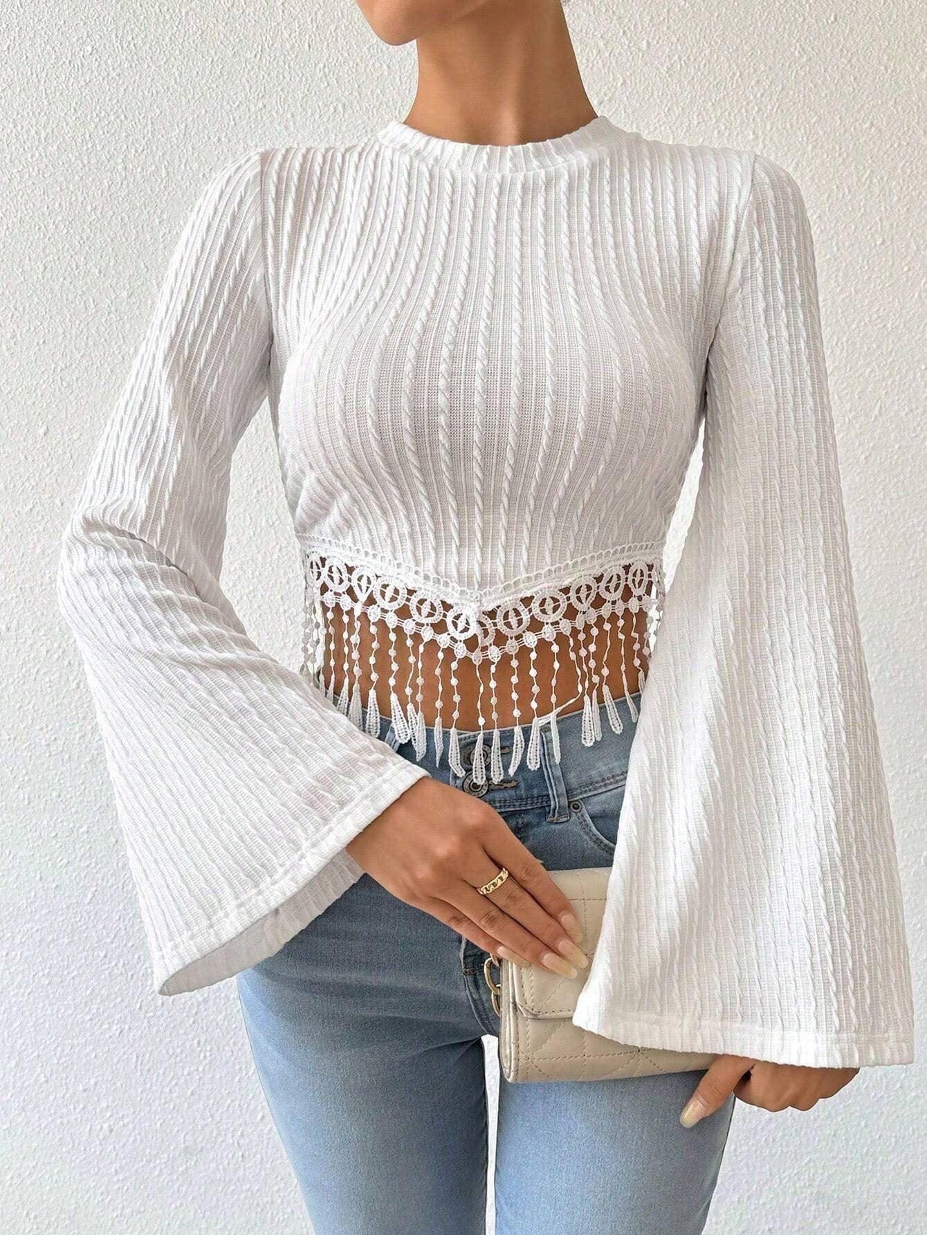 Fringe Hem Bell Sleeve Top for Women, Round Neck Cropped T-Shirt Fall Winter Elegant Boho Blouse