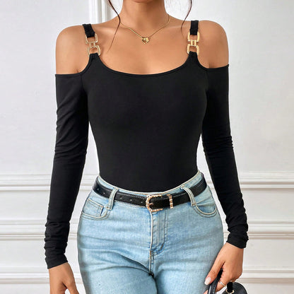 Hook Strap Knit Top for Women, Long Sleeve Slim Fit Solid Color Chic T Shirt