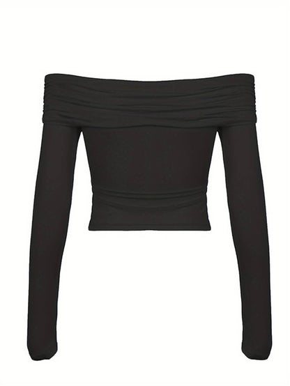 Off Shoulder Slim Fit Top for Women, Sexy Long Sleeve Cropped T-Shirt Elegant Blouse