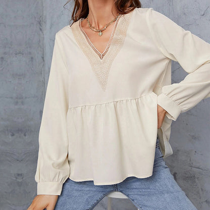Lace Trim V-Neck Blouse for Women, Office Long Sleeve Pullover Shirt Loose Fit Layering Top