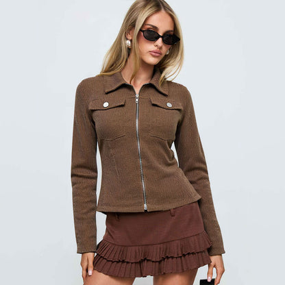 Dark Brown Zip Up Jacket for Women, Long Sleeve Slim Fit Utility Coat Casual Streetwear Fall Winter