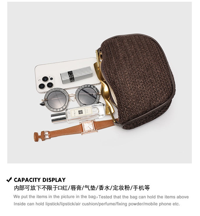 Dumpling Shape Woven Bag - Mini Straw Purse with Zipper Closure, Detachable Shoulder Strap and Metal Handle for Women