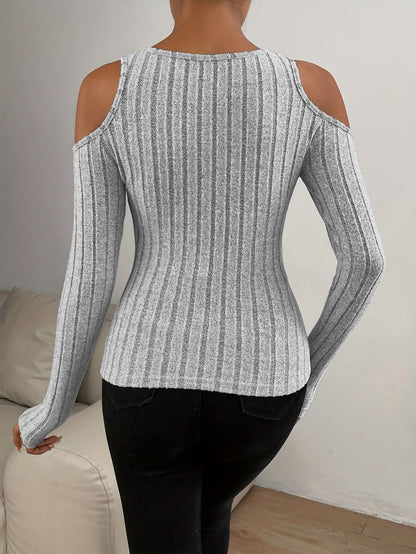 Wide Rib Off Shoulder Top for Women, Long Sleeve Slim Fit T Shirt Double Layer Neck Blouse