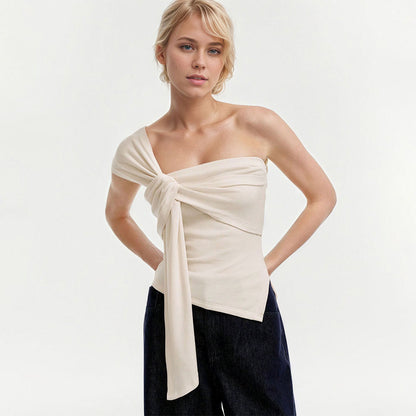 Asymmetric Hem Off Shoulder Top for Women, Summer Chic Sleeveless T Shirt Sexy Slim Fit Blouse