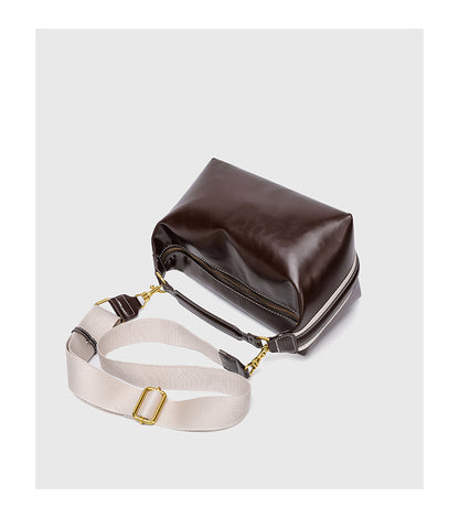 Pillow Shape Square Bag - Waxed PU Leather Zip Top Purse for Women, Convertible Shoulder Bag with 2 Detachable Straps