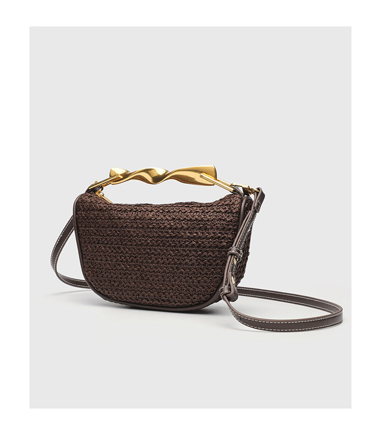 Dumpling Shape Woven Bag - Mini Straw Purse with Zipper Closure, Detachable Shoulder Strap and Metal Handle for Women
