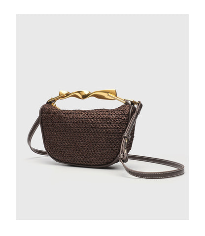Dumpling Shape Woven Bag - Mini Straw Purse with Zipper Closure, Detachable Shoulder Strap and Metal Handle for Women