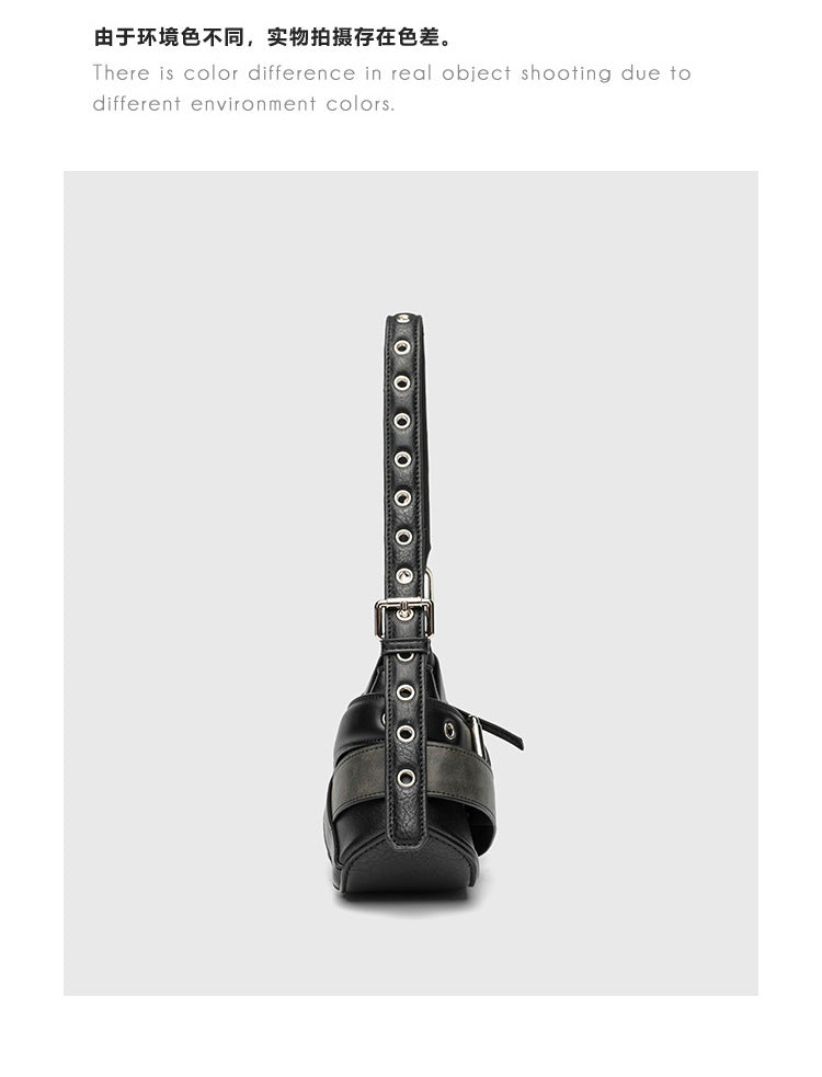 Horizontal Vintage Baguette Bag - Brown & Black Retro Shoulder Purse, Square Motorcycle Style Bag with Zip Closure