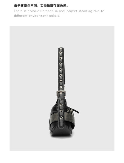 Horizontal Vintage Baguette Bag - Brown & Black Retro Shoulder Purse, Square Motorcycle Style Bag with Zip Closure