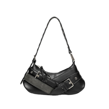 Horizontal Vintage Baguette Bag - Brown & Black Retro Shoulder Purse, Square Motorcycle Style Bag with Zip Closure