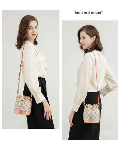 Drawstring Bucket Bag for Women - Adjustable PVC Crossbody Purse, Small Printed Shoulder Bag with Detachable Strap