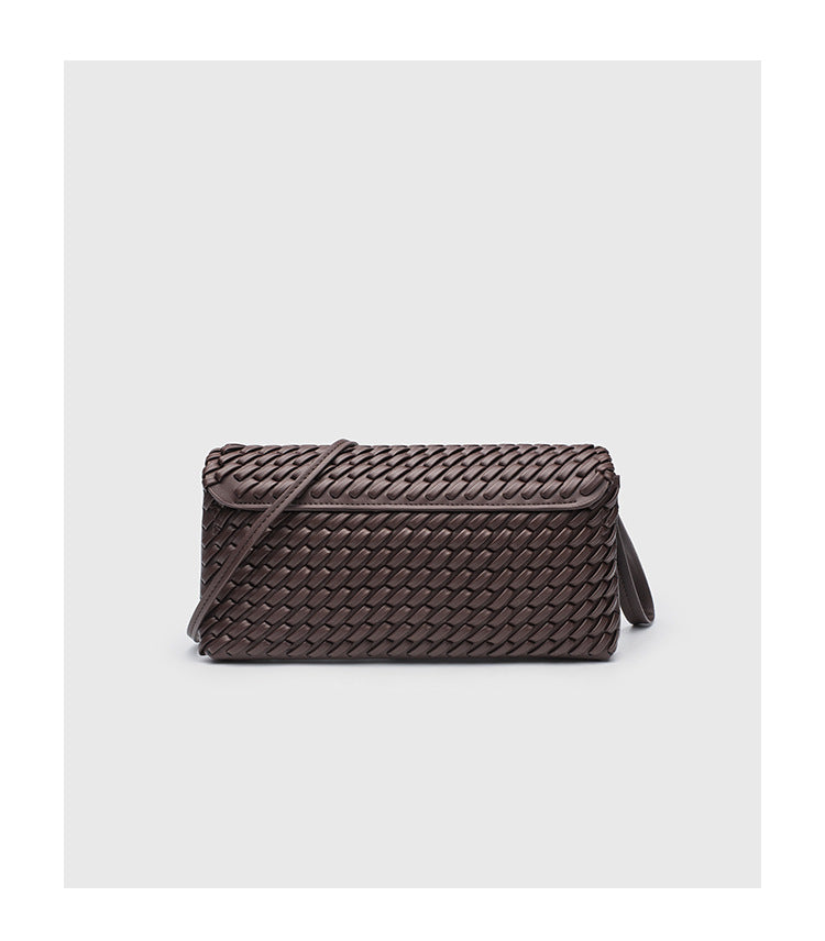 Retro Woven Shoulder Bag - Magnetic Closure Flap PU Purse, Square Horizontal Ladies Handbag with Strap